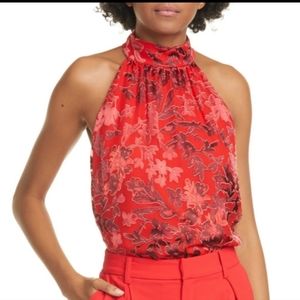 Alice & Olivia Red Kinsley Gathered Halter Shadow Blossom Blouse